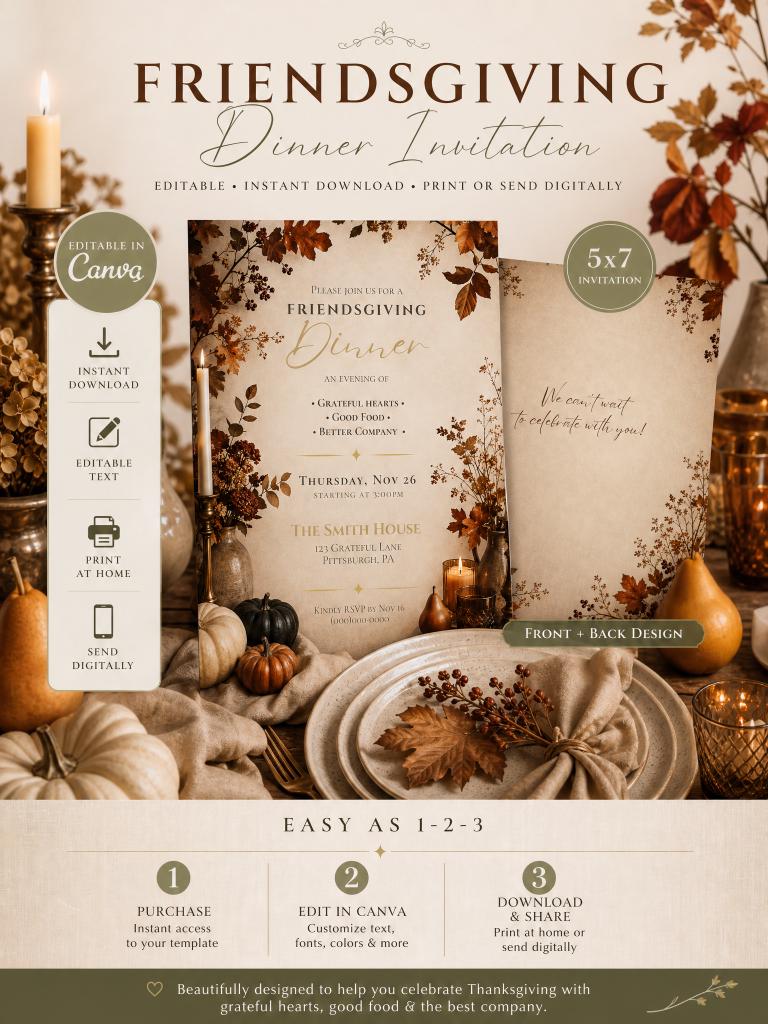 Editable Friendsgiving Invitation Template | Editable in Canva | Digital Download