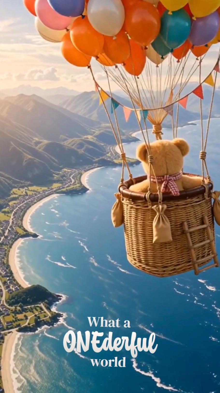 Cinematic ONEderful World Teddy Bear First Birthday Invitation Template | Animated, Digital, and Editable in Canva
