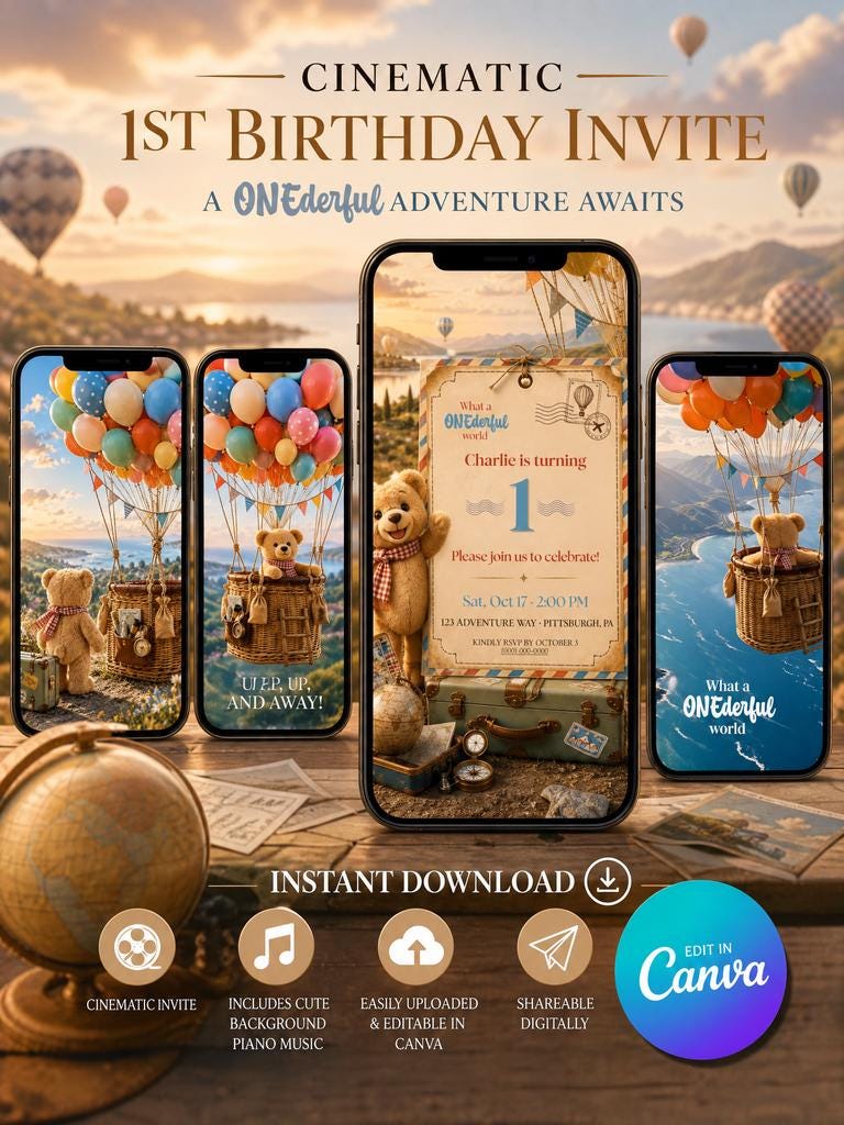 Cinematic ONEderful World Teddy Bear First Birthday Invitation Template | Animated, Digital, and Editable in Canva
