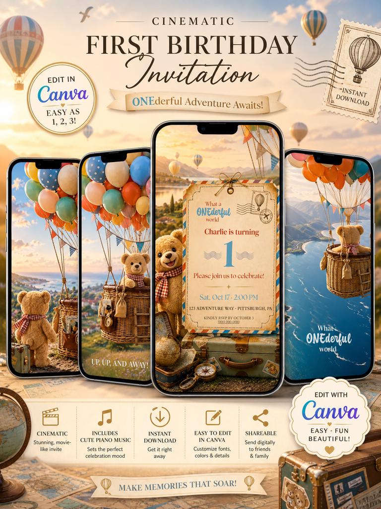 Cinematic ONEderful World Teddy Bear First Birthday Invitation Template | Animated, Digital, and Editable in Canva