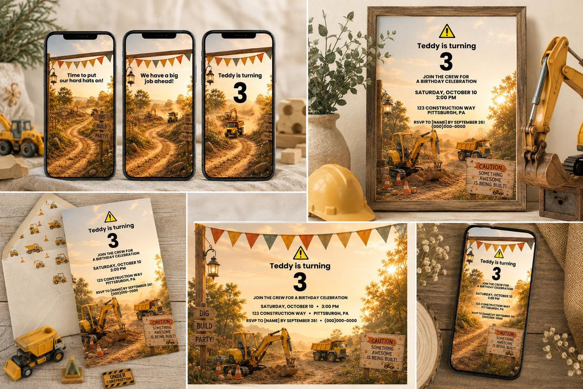 Cinematic Construction Birthday Invitation Template | Digital and Editable in Canva | Digger Dump Truck Birthday