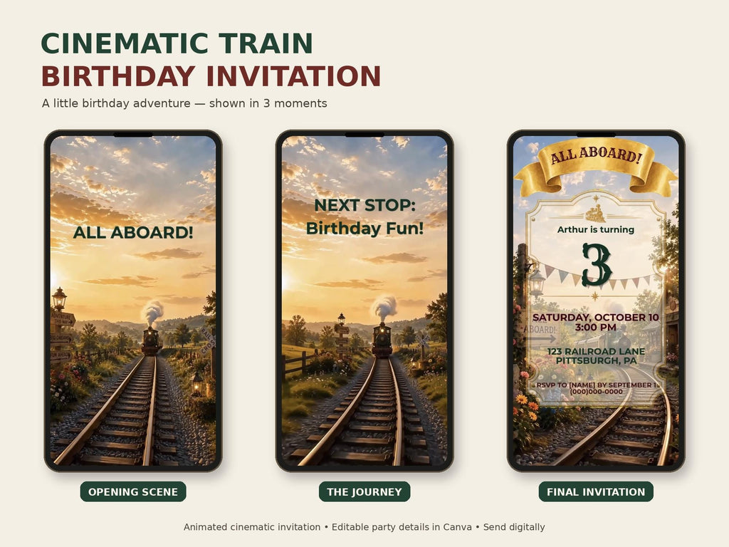 Cinematic Train Birthday Invitation Template | Editable in Canva