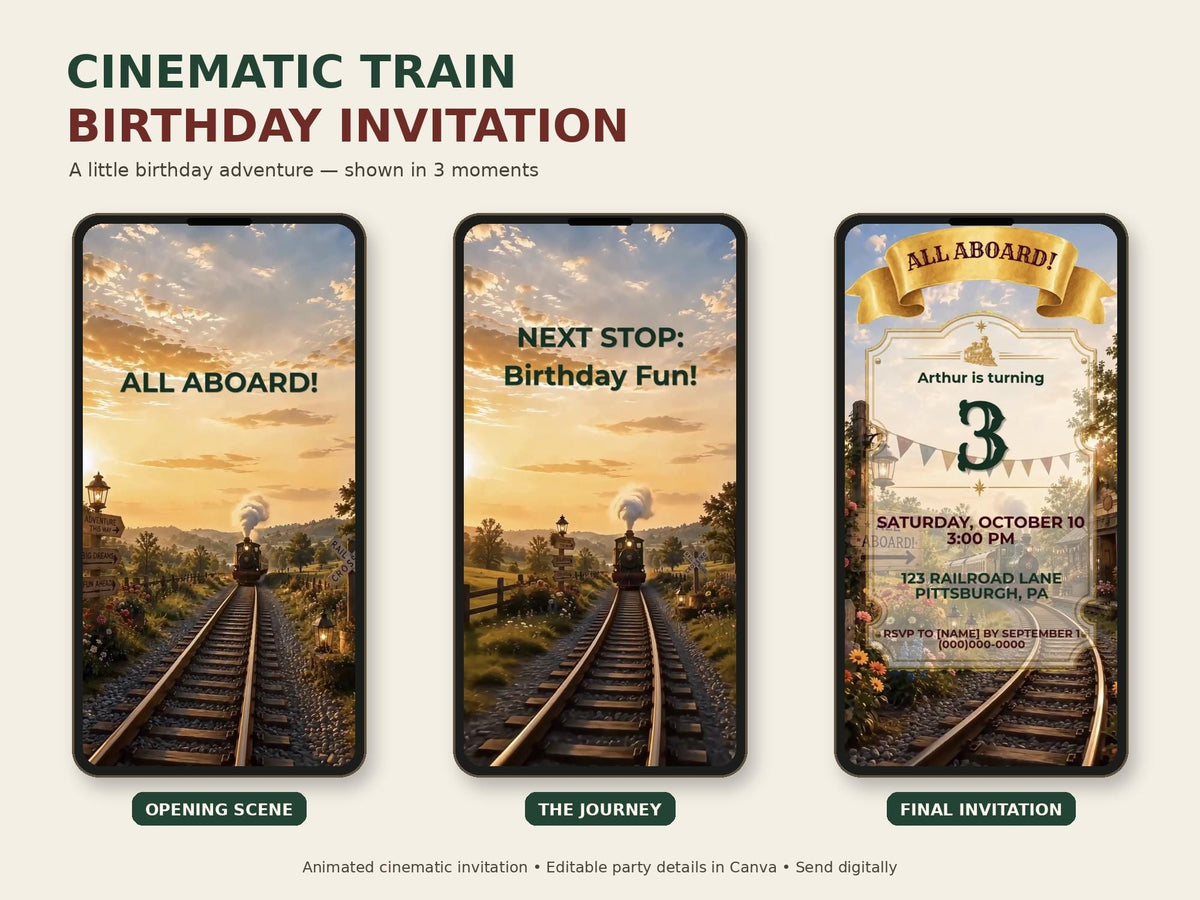 Cinematic Train Birthday Invitation Template | Editable in Canva