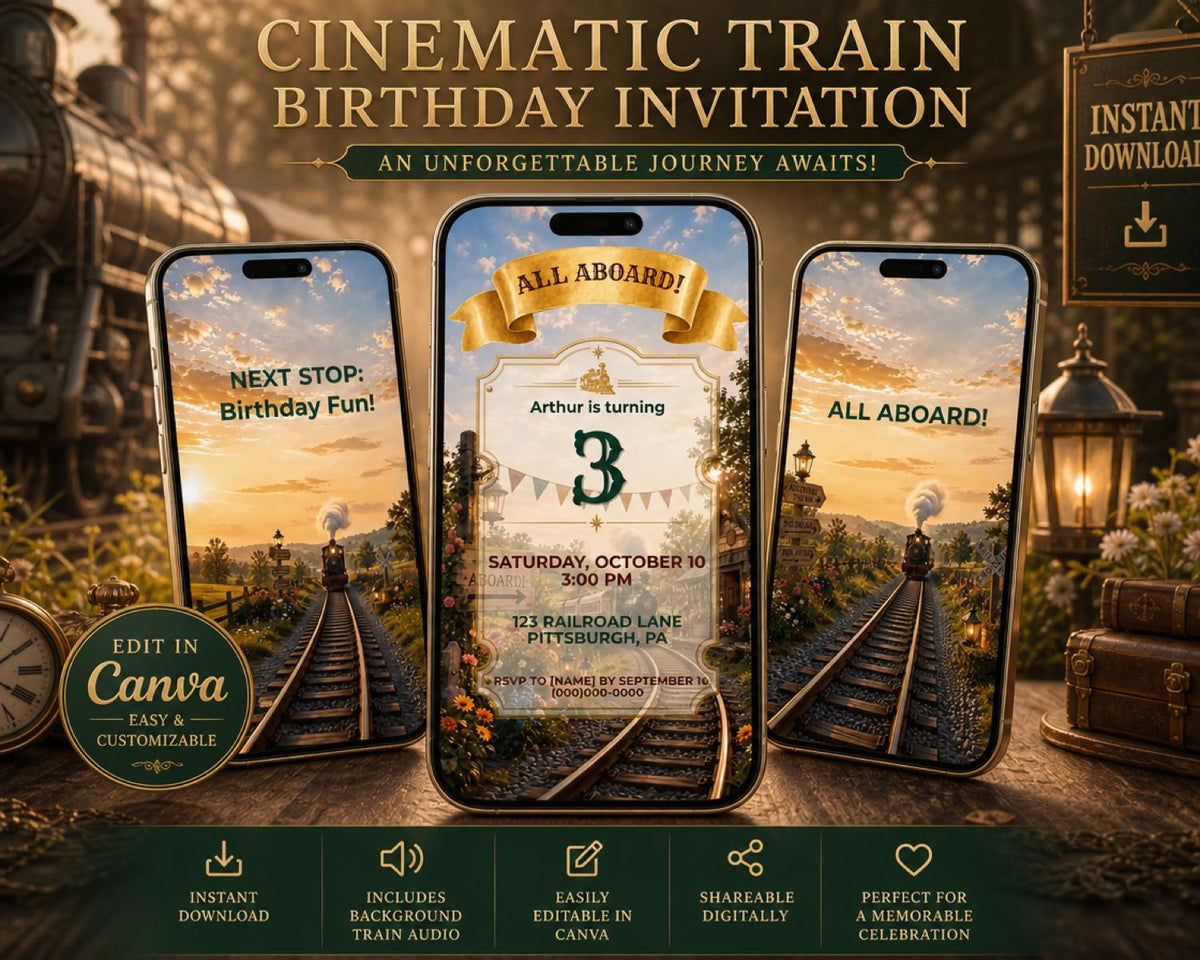 Cinematic Train Birthday Invitation Template | Editable in Canva