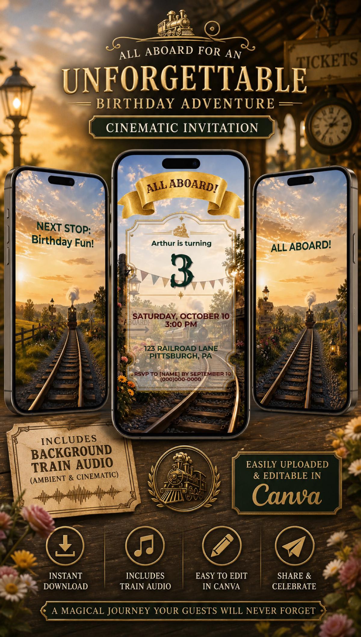 Cinematic Train Birthday Invitation Template | Editable in Canva