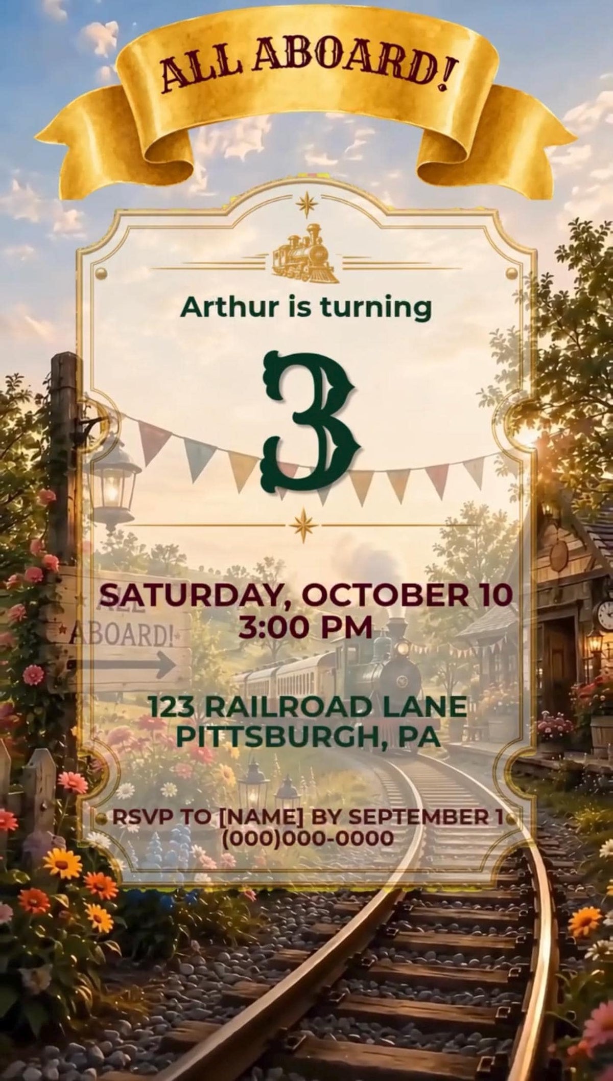 Cinematic Train Birthday Invitation Template | Editable in Canva