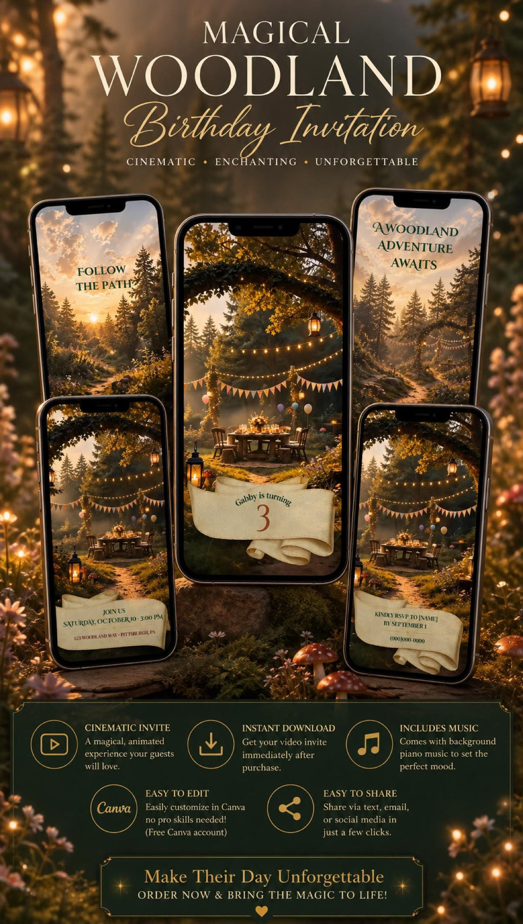 Cinematic Woodland Birthday Invitation Template | Digital and Editable in Canva