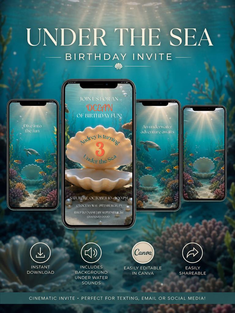 Cinematic Under the Sea Birthday Invitation Template | Digital and Editable in Canva