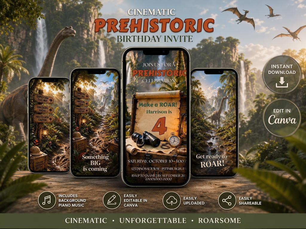 Cinematic Dinosaur Birthday Invitation Template | Animated, Digital, and Editable in Canva