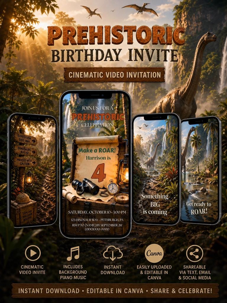 Cinematic Dinosaur Birthday Invitation Template | Animated, Digital, and Editable in Canva
