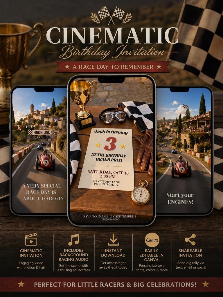 Cinematic Vintage Race Car Birthday Invitation Template | Animated, Digital, and Editable in Canva