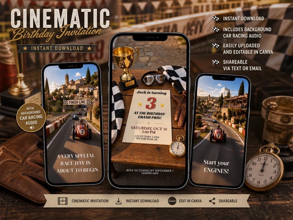 Cinematic Vintage Race Car Birthday Invitation Template | Animated, Digital, and Editable in Canva