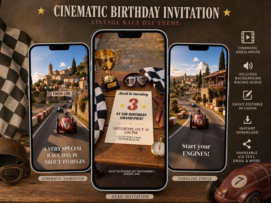 Cinematic Vintage Race Car Birthday Invitation Template | Animated, Digital, and Editable in Canva