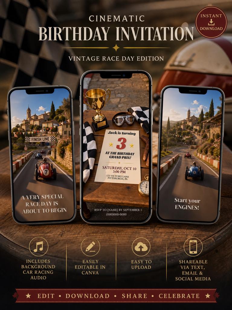 Cinematic Vintage Race Car Birthday Invitation Template | Animated, Digital, and Editable in Canva