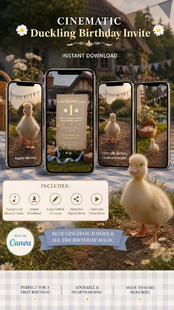 Cinematic Duckling Birthday Invitation Template | Animated, Digital, and Editable in Canva