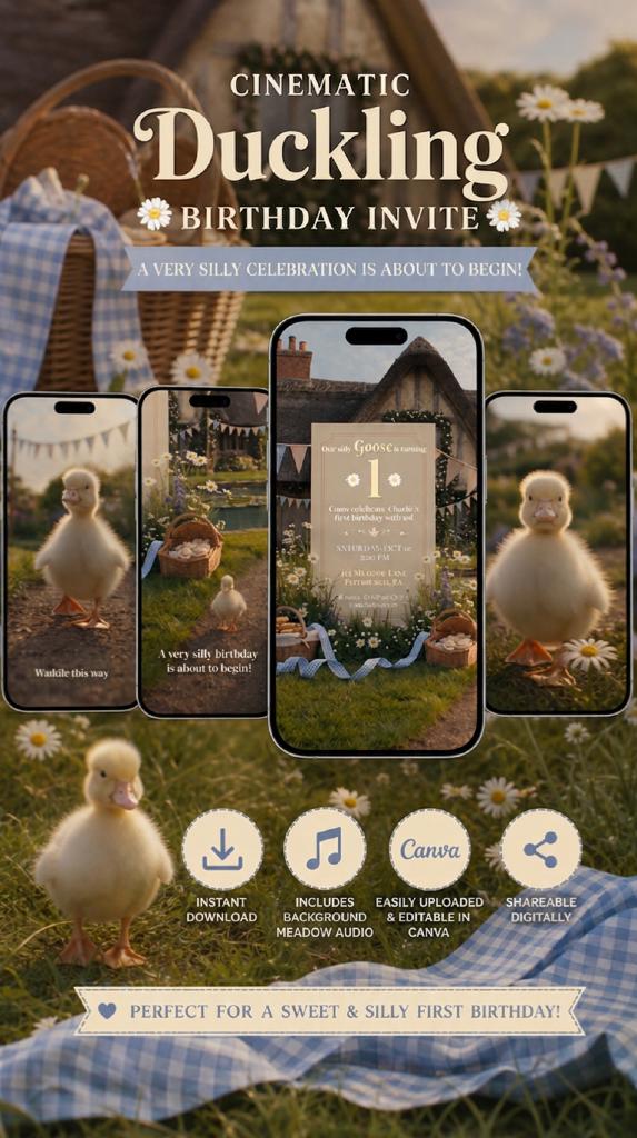 Cinematic Duckling Birthday Invitation Template | Animated, Digital, and Editable in Canva
