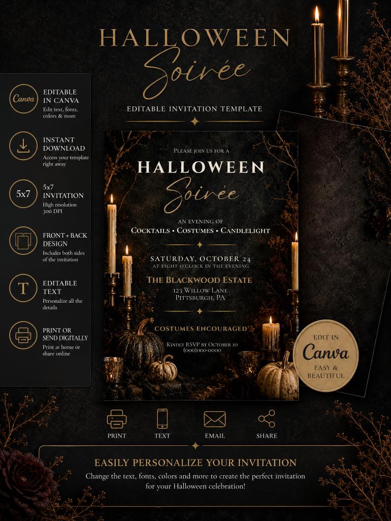 Editable Halloween Soirée Invitation Template | Edintable in Canva | Digital Download