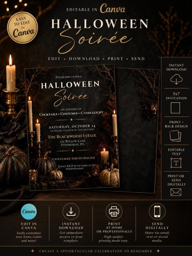 Editable Halloween Soirée Invitation Template | Edintable in Canva | Digital Download