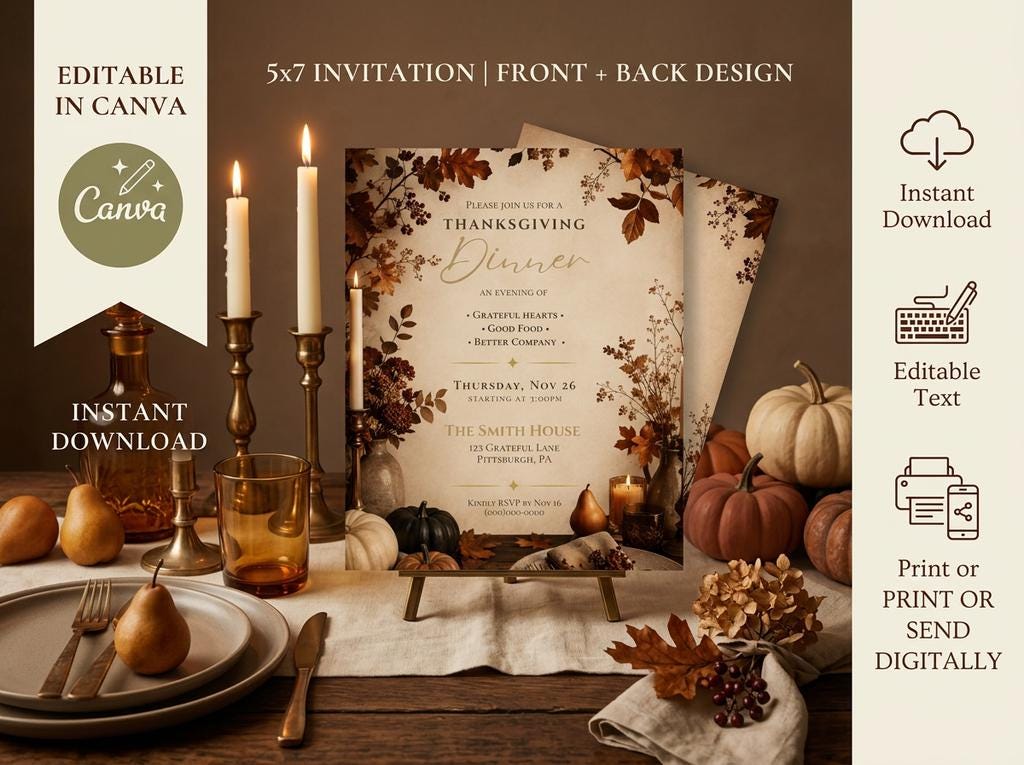 Editable Thanksgiving Dinner Invitation Template | Editable in Canva | Digital Download