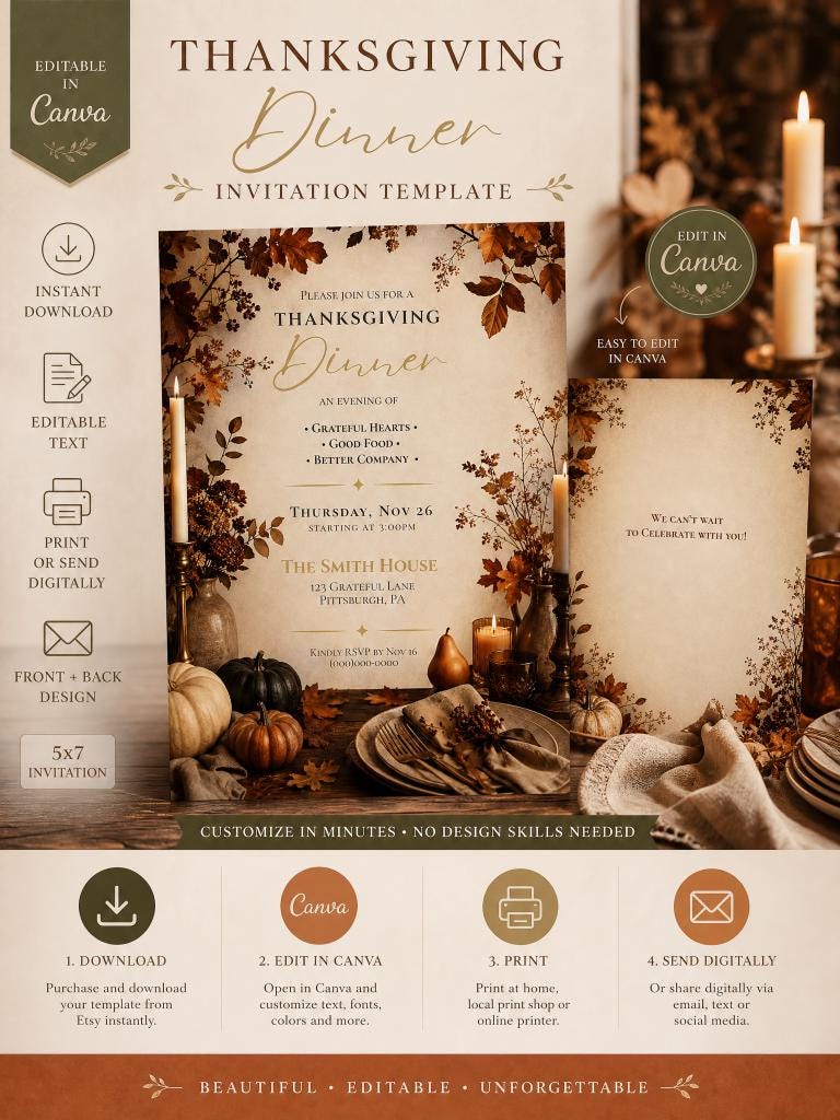Editable Thanksgiving Dinner Invitation Template | Editable in Canva | Digital Download