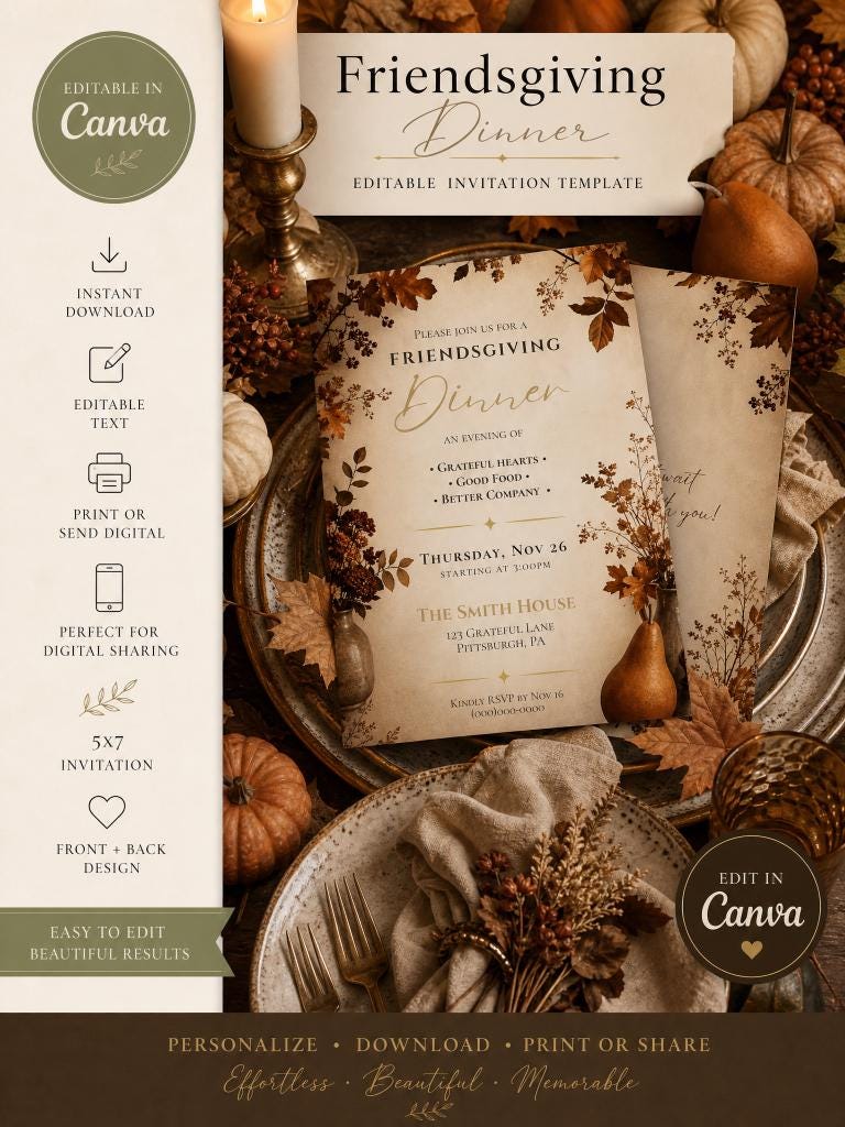 Editable Friendsgiving Invitation Template | Editable in Canva | Digital Download