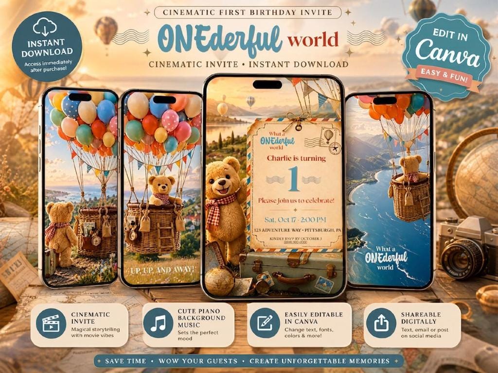 Cinematic ONEderful World Teddy Bear First Birthday Invitation Template | Animated, Digital, and Editable in Canva