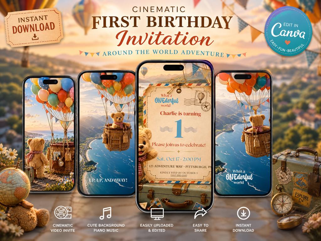 Cinematic ONEderful World Teddy Bear First Birthday Invitation Template | Animated, Digital, and Editable in Canva