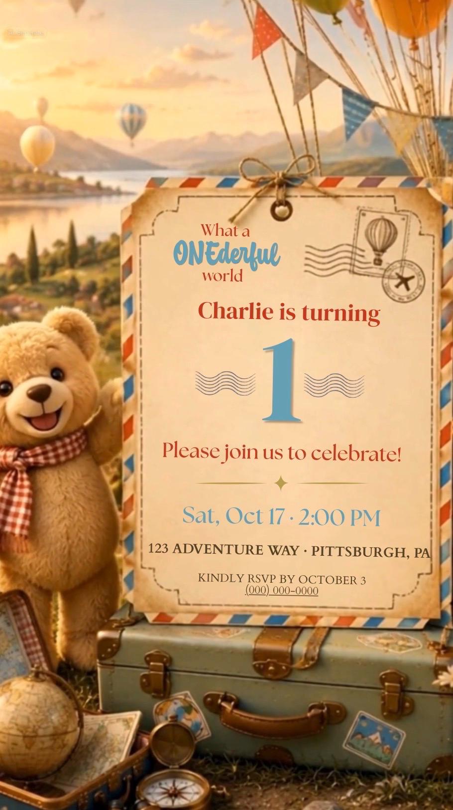 Cinematic ONEderful World Teddy Bear First Birthday Invitation Template | Animated, Digital, and Editable in Canva