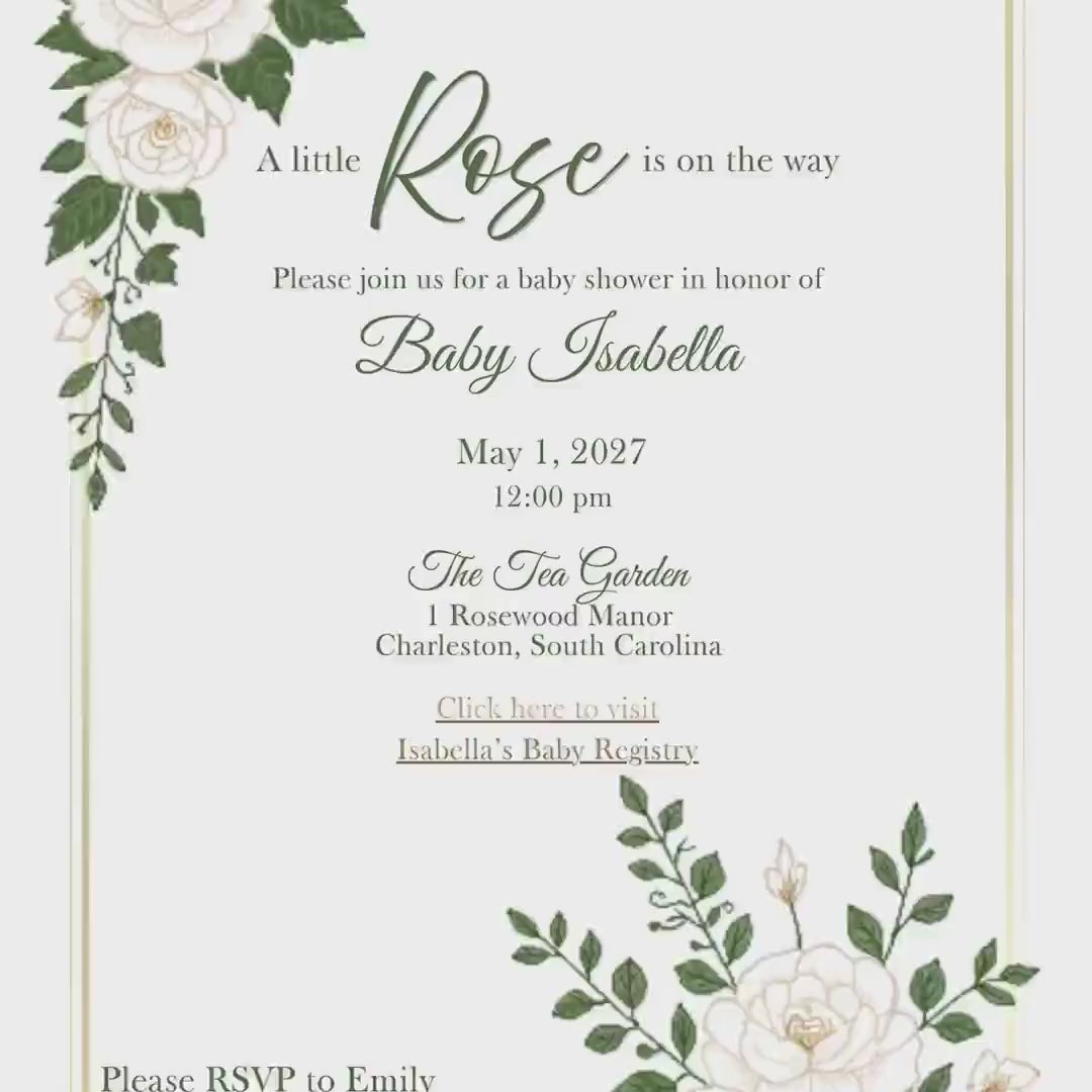 Editable White Garden Baby Shower Invitation, Printable Canva Template with Floral Design