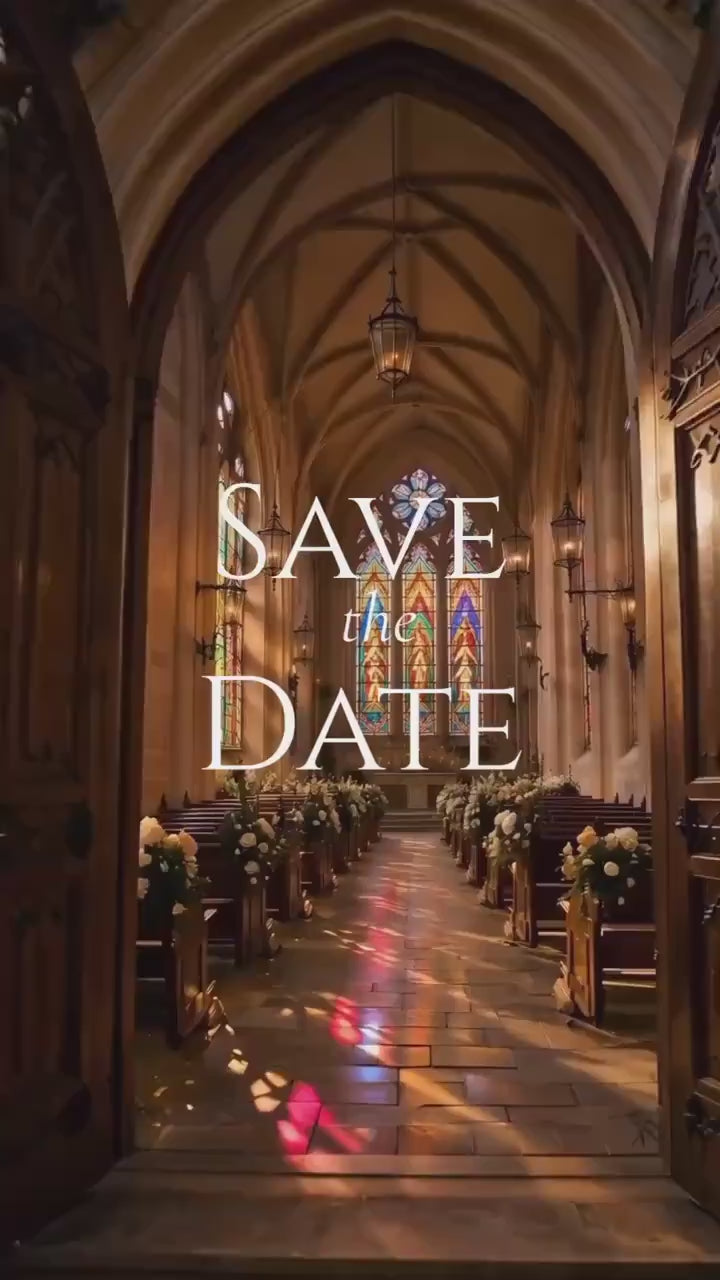 Cinematic Stained Glass Chapel Save the Date Template, Editable in Canva