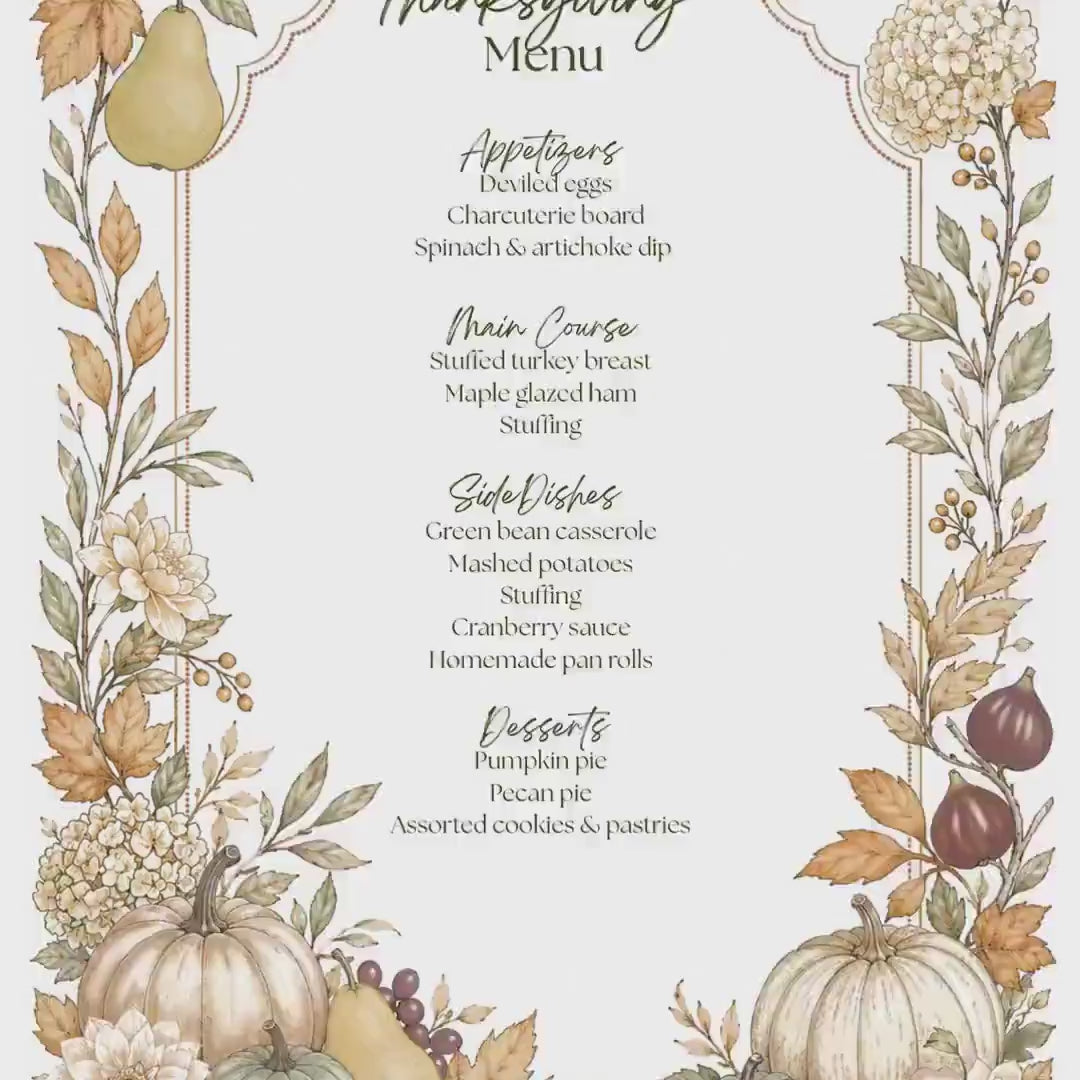 Editable Thanksgiving Menu Template, Printable Watercolor Design for Fall Gatherings