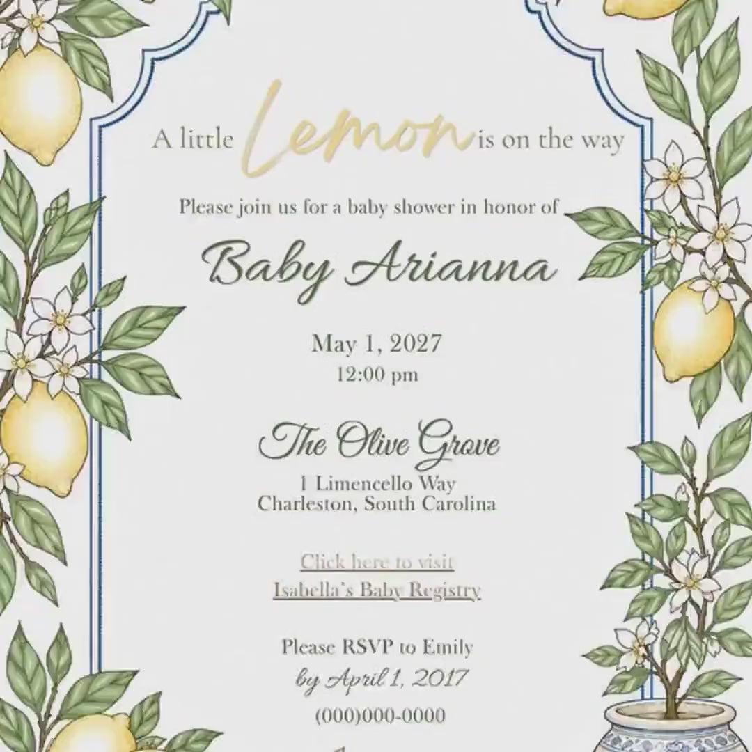 Editable Lemon Baby Shower Invitation Template, Amalfi Coast Design for Canva