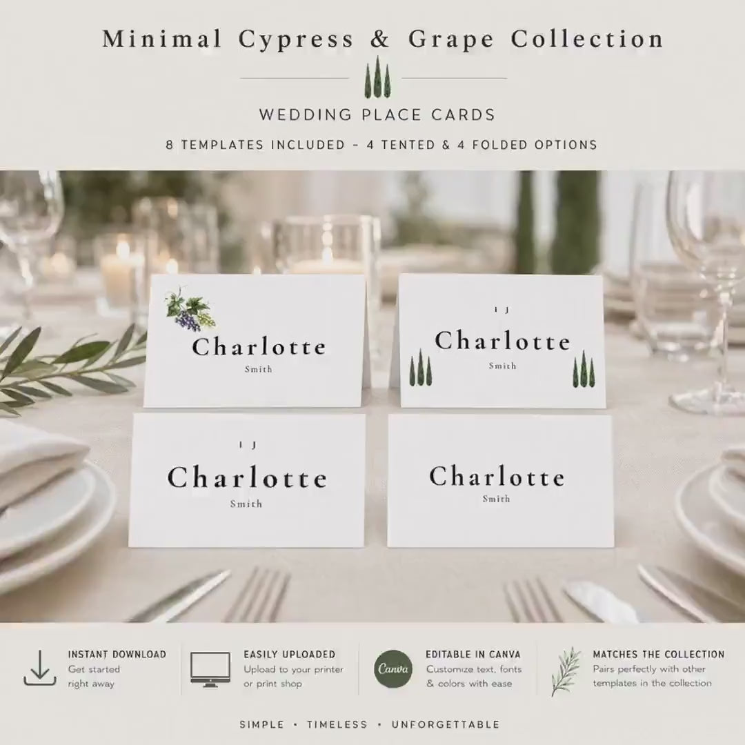 Editable Cypress and Grape Wedding Place Cards, 8 Canva Templates for Tuscany Celebrations