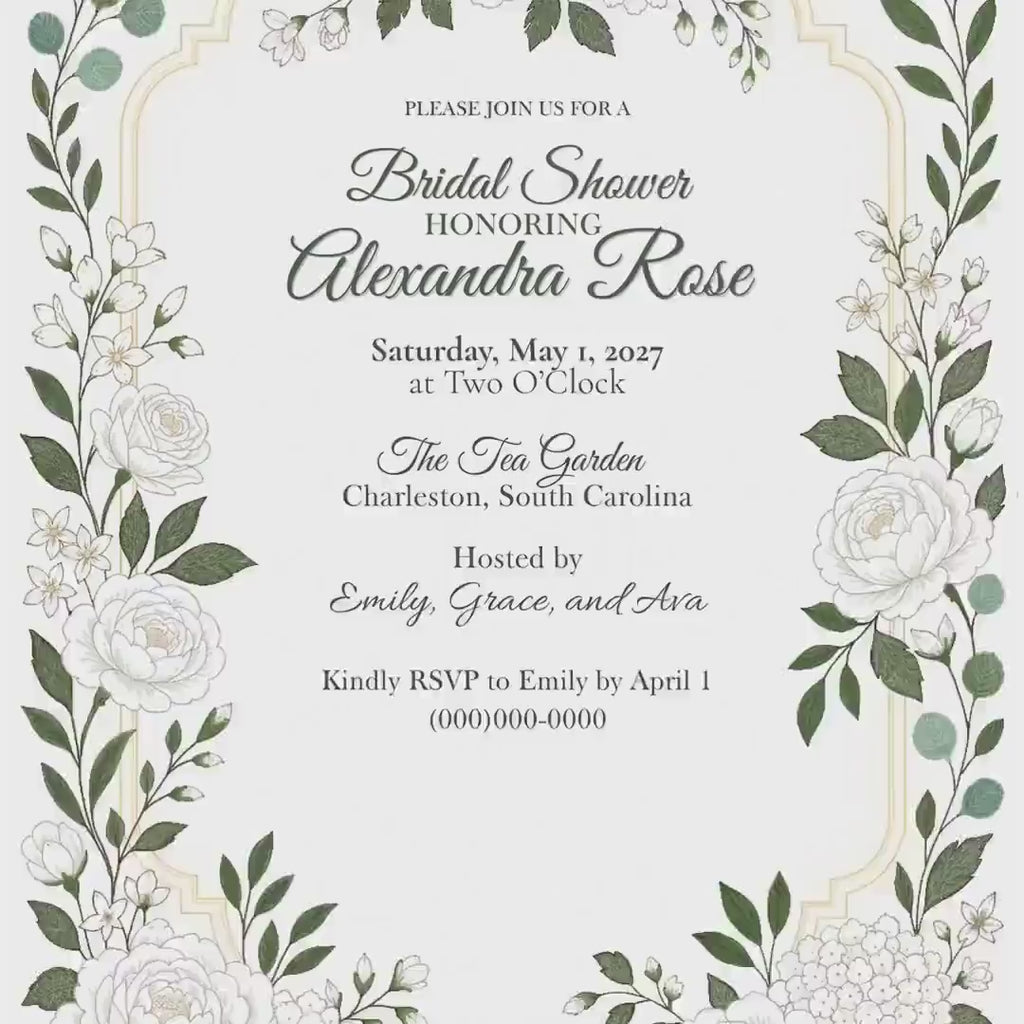 Editable White Garden Bridal Shower Invitation, Printable Canva Template with Botanical Artwork