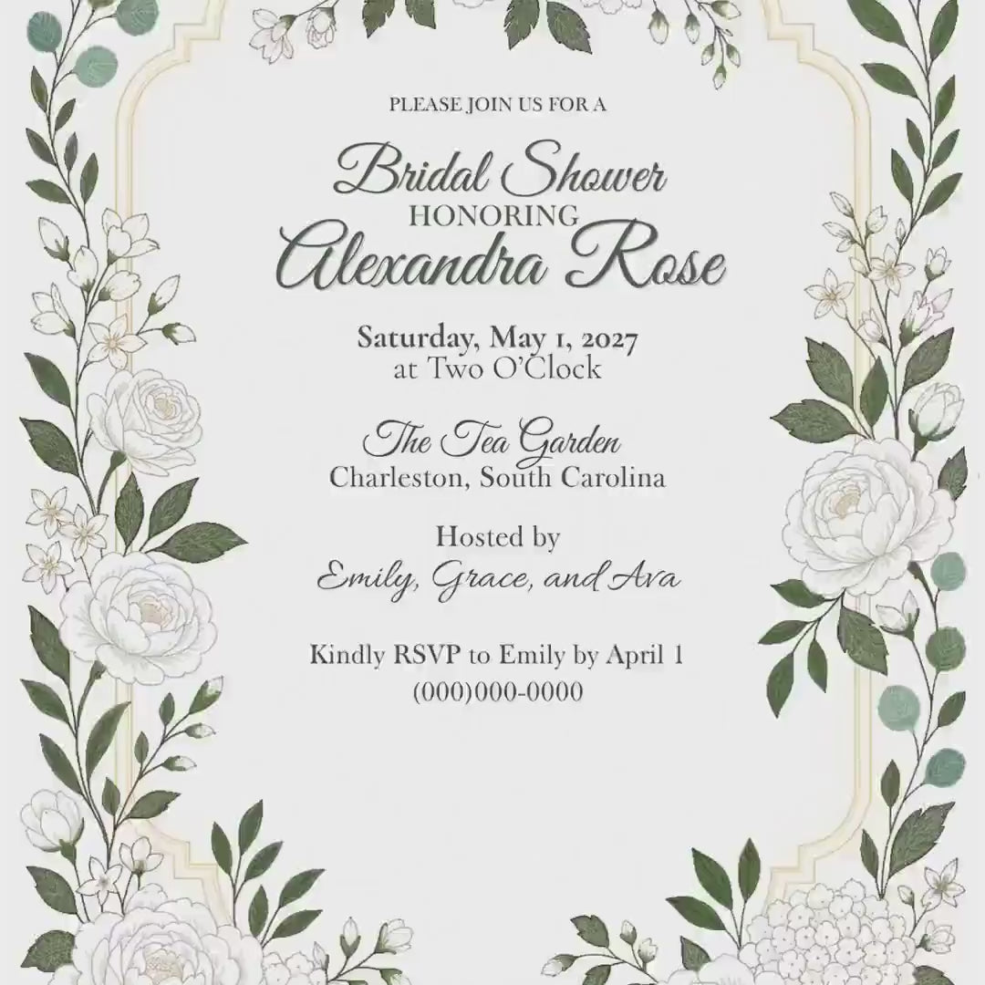 Editable White Garden Bridal Shower Invitation, Printable Canva Template with Botanical Artwork