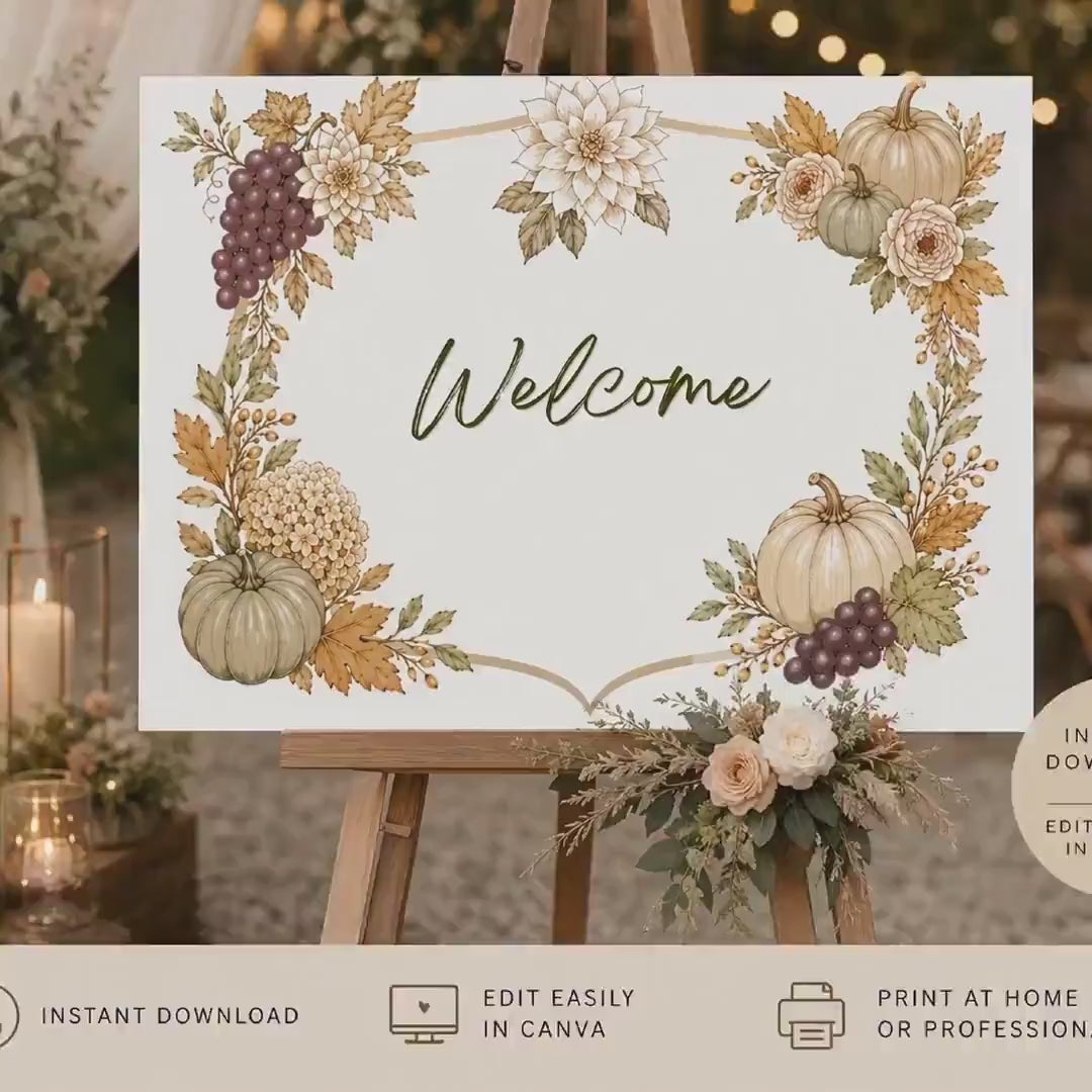Editable Autumn Harvest Wedding Welcome Sign Bundle, 2 Canva Templates for Fall